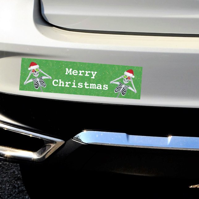 Adesivo Para Carro Feliz Natal Skeletons Ornaeyes Green (Silly skeletons ornament eyes red Santa hats on green Merry Christmas bumper sticker.)