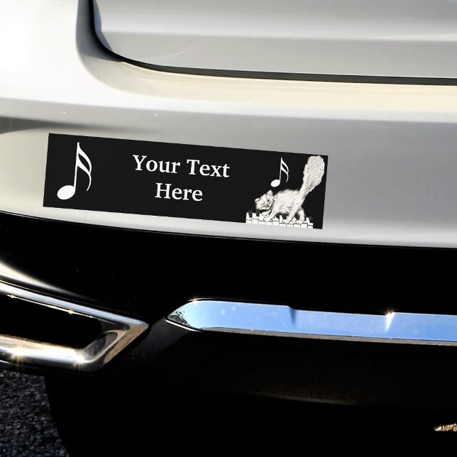 Adesivo Para Carro Gato Branco em Chaves Piano (White winking cat on piano keys with white music notes on black bumper sticker for your car.)