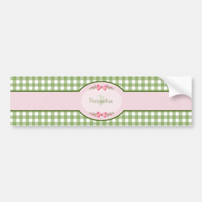 Adesivo Para Carro Girly Green Gingham Monograma Com Nome (Frente)
