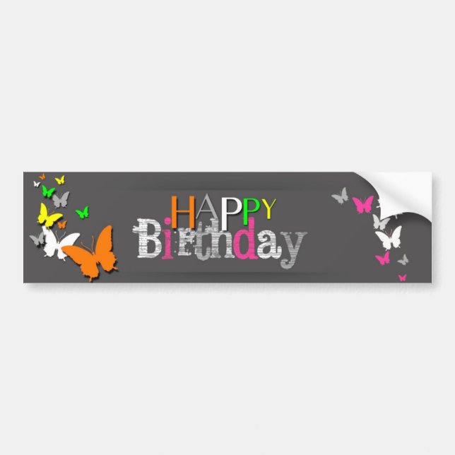 Adesivo Para Carro Neon Butterflies Happy Birday - Bumper Sticker (Frente)