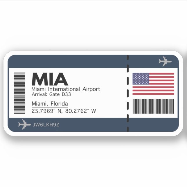 Adesivo Passagem de embarque MIA Miami - bilhete dos Estad (Frente)