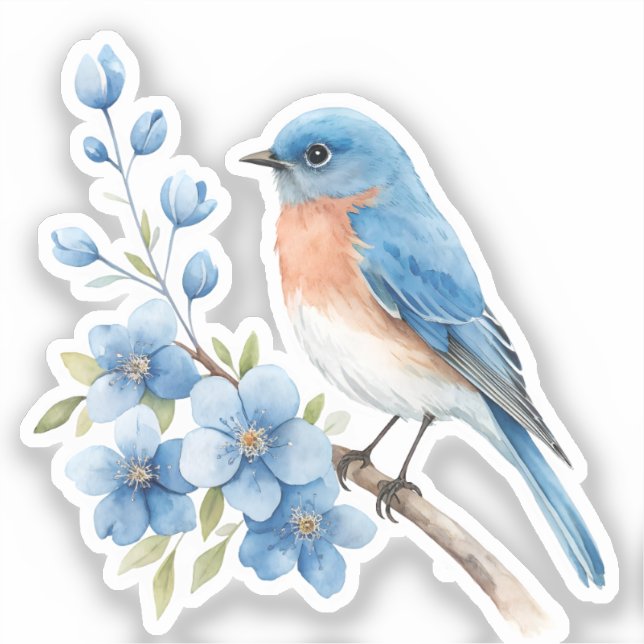 Adesivo Pássaro azul com flores azuis (Frente)
