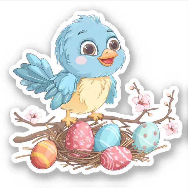 Adesivo Pássaro Azul em uma Ramificação com Ovos de Páscoa (Frente)