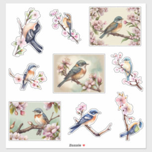Adesivo Pássaros pequenos aquarela em ramo florido