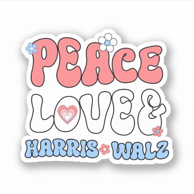 Adesivo Peace Love e Harris Walz Retro Hippie Style (Frente)
