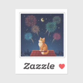 Adesivo Peaceful Midnight Sky Cat Dreamy Rooftop Fireworks