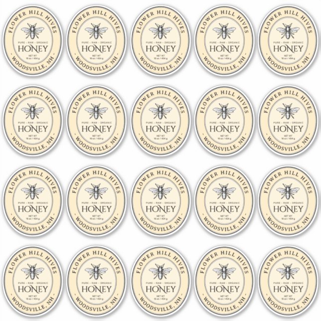 Adesivo Pequeno Mel Oval Rótulo Francês de Filas de Abelha (Frente)