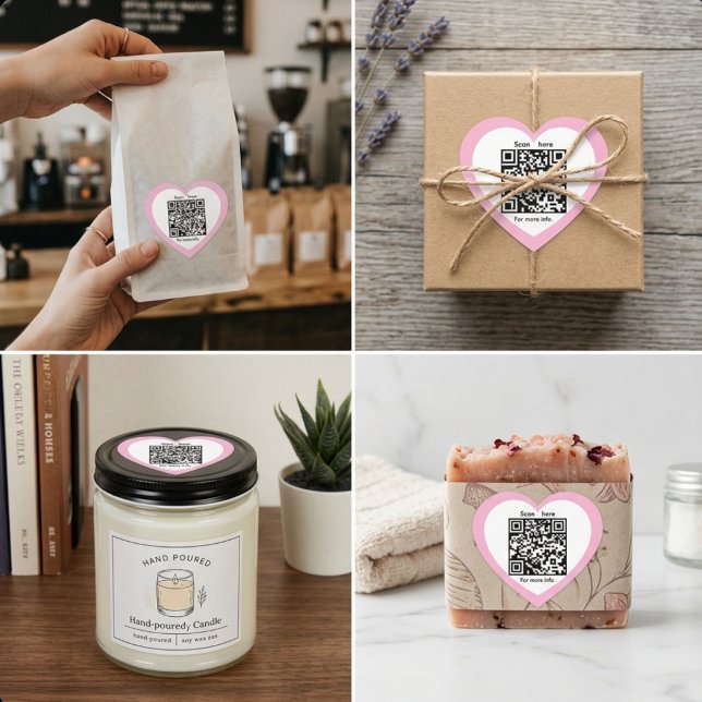 Adesivo Personalizado em Forma de Coração Rosa com (Custom QR Code Pink Heart Shaped Sticker)