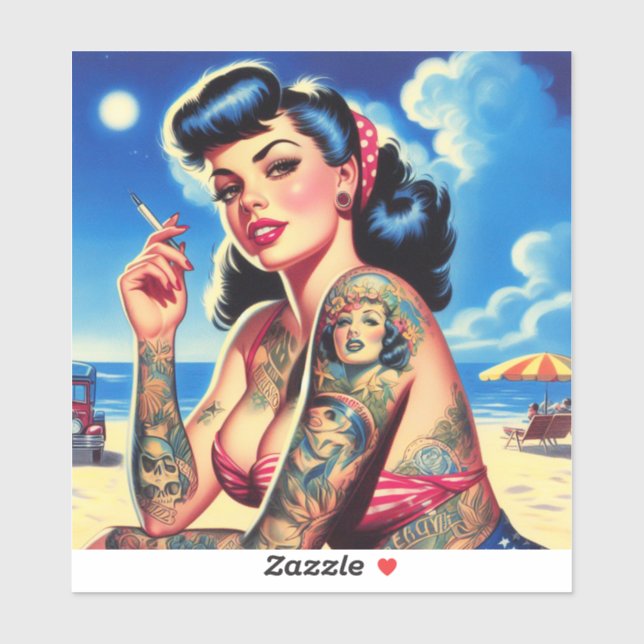Adesivo Pin-up de Verão Bikini Tatuado por Retro (Folha)