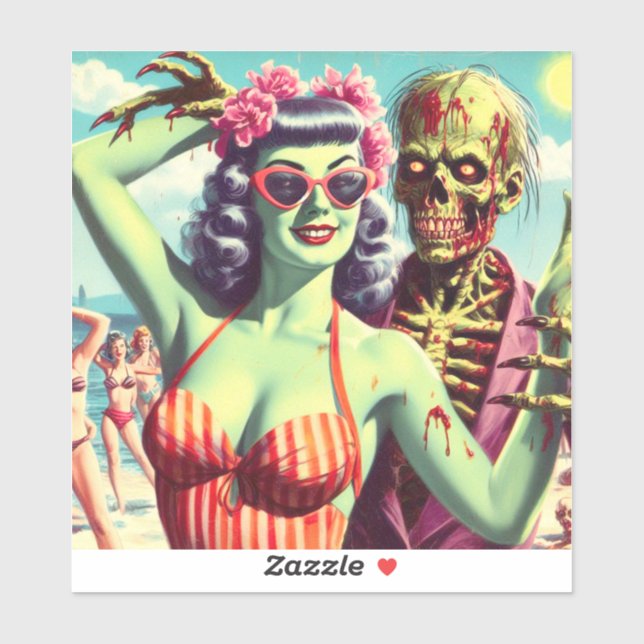Adesivo Pin-Up do Zombie da Praia Retro (Folha)