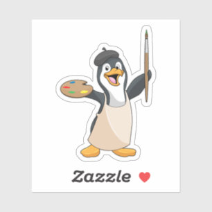 Adesivo Pinguim como Pincel com Pincel de Tinta e Cor