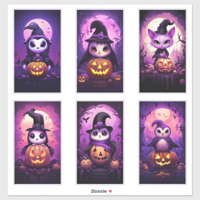 Adesivo Pinguim Emo Roxo do Halloween com amigos 2 (Folha)