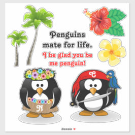 Adesivo Pinguins Tropicais Casal Hula Pirata Árvores de Co