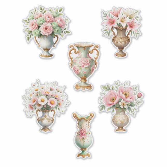 Adesivo Pink and Green Floral Vase Sheet of Stickers (Frente)
