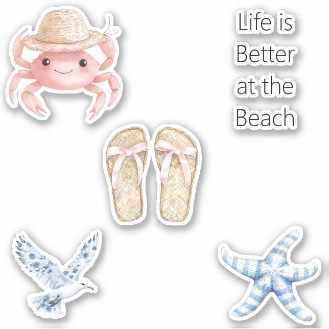 Adesivo Pink Crab Beach Blue Starfish Bird Sandals (Frente)