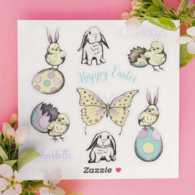 Adesivo Pintinho de Páscoa, coelho, borboleta e nome perso (Adorable set of 10 vinyl Kiss-Cut stickers: Easter Chicks & Bunny Ears, Bunnies, 2 Personalized Name)