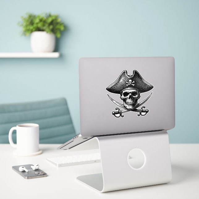 Adesivo Pirate Skeleton Sticker – Spooky Fun Design (Laptop na mesa)