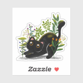 Adesivo Playful Black Cat with Flowers – Cute Botanical 