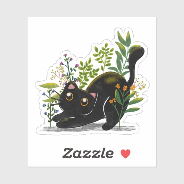 Adesivo Playful Black Cat with Flowers – Cute Botanical  (Folha)