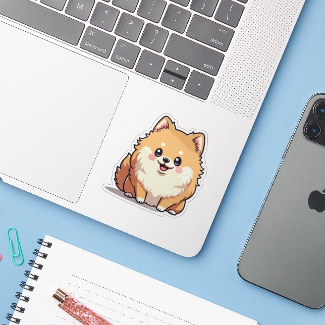 Adesivo Pomeraniano alegre, Kawaii Fluff, Pequeno (Notebook com iPhone)