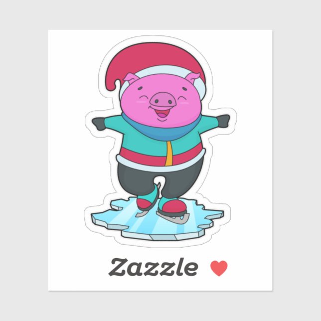 Adesivo Porco na patinação de gelo com skates de gelo e ch (Folha)