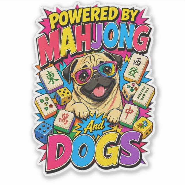Adesivo Presente de Arte Pop de Pug Engraçado com Mahjong  (Frente)