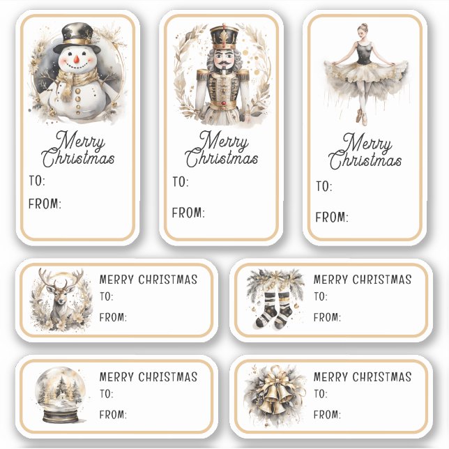 Adesivo Presente de Natal Elegante Tags Nutcracker Dourado (Frente)