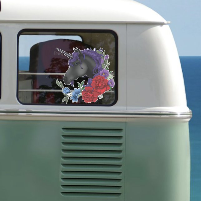 Adesivo Preto Unicórnio Flores Roxo (Criador carregado)
