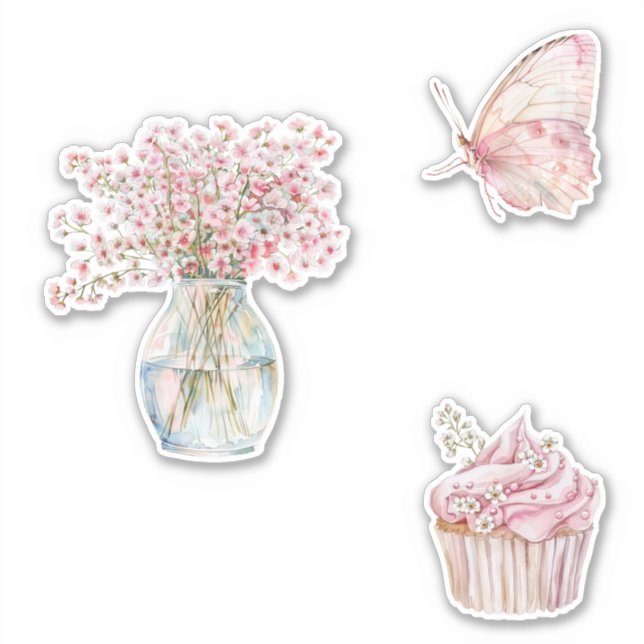 Adesivo Pretty Blush Pink White Flowers Butterfly  (Frente)