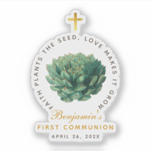 Adesivo Primeira Comunhão Suculenta Cruz Falsa de Ouro Scr