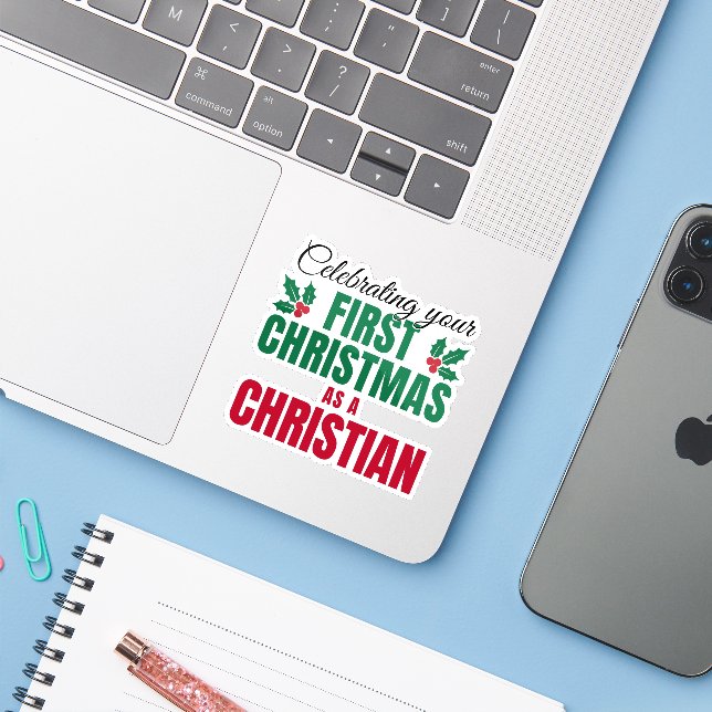 Adesivo PRIMEIRO NATAL COMO CRISTÃO para novo crente (Notebook com iPhone)