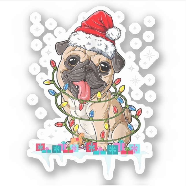 Adesivo Pug Christmas Tree Lights Papais noeis Dog Xmas Gi (Frente)