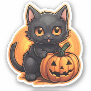 Adesivo Pumpkin Laranja Adorável Gato Preto Pequeno e Ador