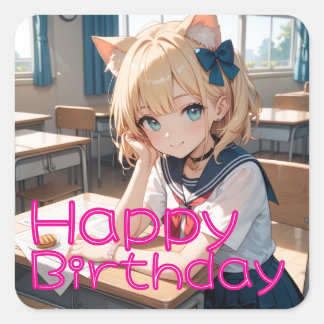 ADESIVO QUADRADO セーラー服を着た猫耳の少女