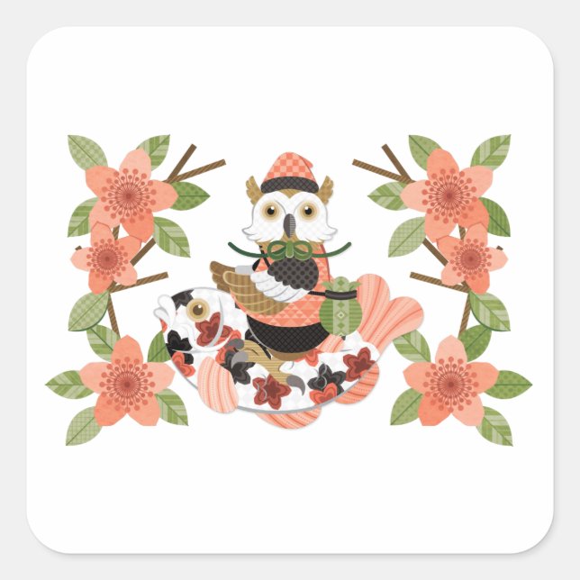 Adesivo Quadrado 梟と鯉／An owl and a carp (Frente)