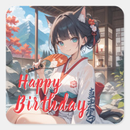 ADESIVO QUADRADO 温泉に入る猫耳娘