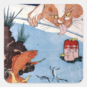 Adesivo Quadrado 猫と金魚, gato do 国芳 e peixe dourado, Kuni