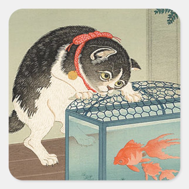 Adesivo Quadrado 猫 と 魚, 古 邨 Cat & Goldfish, Koson, Ukiyo-e (Frente)