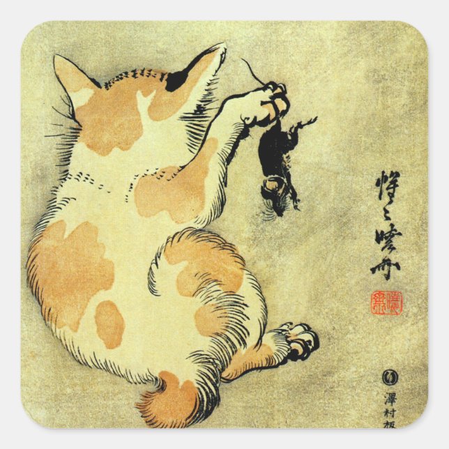 Adesivo Quadrado 猫 と 鼠, 暁 Gato e Rato, Kyōsai, Ukiyo-e (Frente)