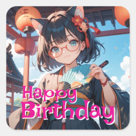 ADESIVO QUADRADO 着物を着て扇子を持っている猫耳少女