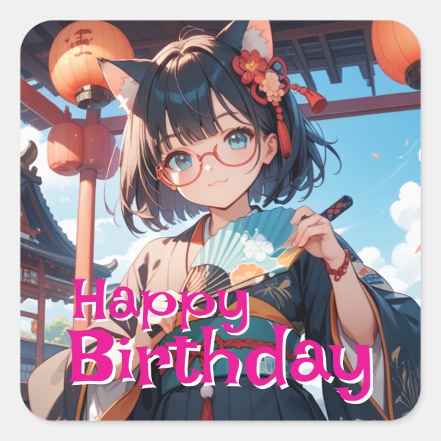 ADESIVO QUADRADO 着物を着て扇子を持っている猫耳少女 (Frente)