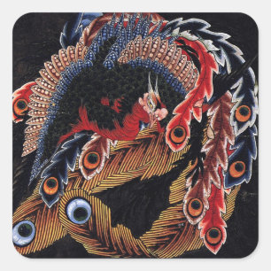 Adesivo Quadrado 鳳凰図, chinês Phoenix do 北斎, Hokusai, art