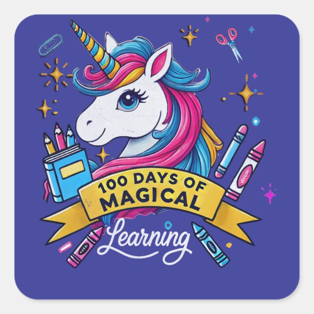 Adesivo Quadrado 100 dias de Escola Ensino Magical Learning Unicórn (Frente)