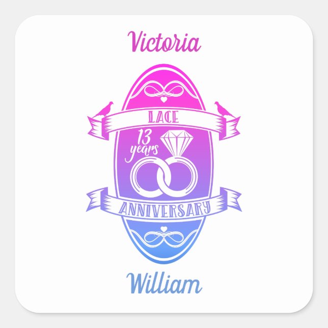 Adesivo Quadrado 13 anos de aniversário tradicional do casamento co (Frente)