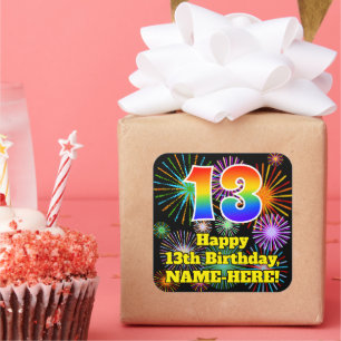 Adesivo Quadrado 13 Birthday: Veja fogos de artifício divertidos, A