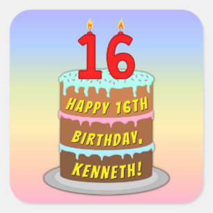 Adesivo Quadrado 16.º aniversário: Bolo e Velas Divertidas + Nome P