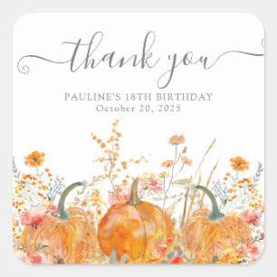 Adesivo Quadrado 18º Aniversário Pumpkin Wildflower Personalizado O