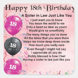 Adesivo Quadrado 18.º aniversário - Poema da Irmã em Direito