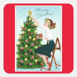 Adesivo Quadrado 1920 Vintage Lady Decorando Árvore de Natal