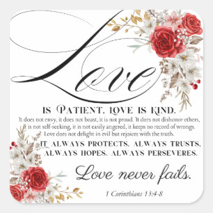 Adesivo Quadrado 1 Coríntios 13:4-8 O Amor é Paciente Bíblia Floral